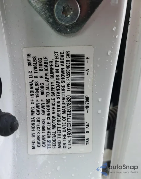 2016 Honda Civic Ex from USA, damaged, VIN 19XFC2F77GE078620